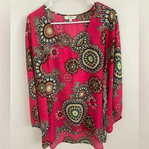 Umgee Hippie chic pink floral  Artsy Boho Tunic festival lightweight L